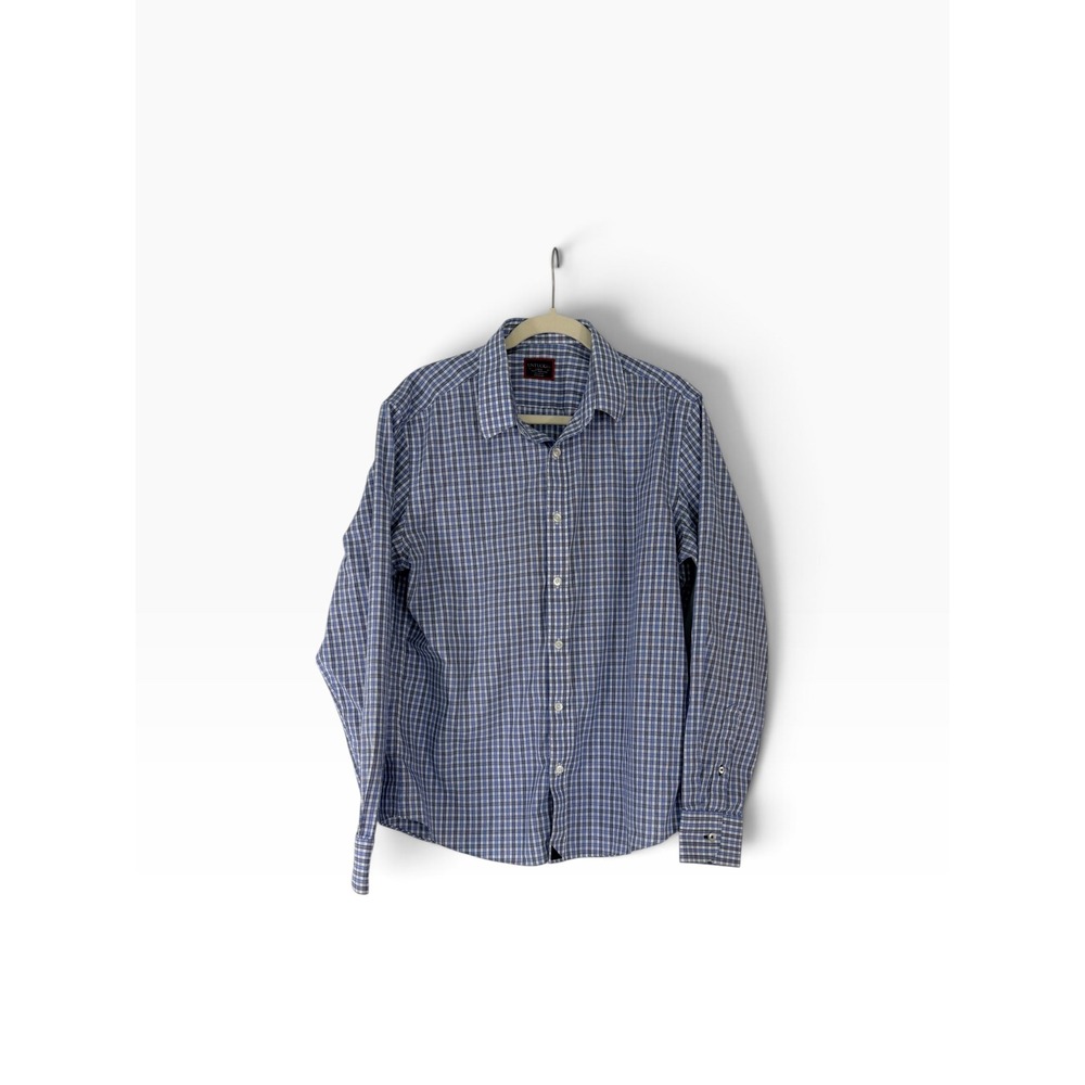 UNTUCKit Slim Fit Wrinkle Free Blue White Plaid Cotton Button Down Shirt Large